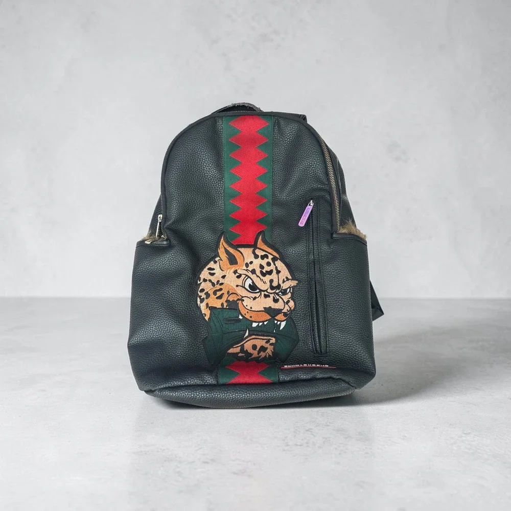 Sprayground Rare Limited Edition Leopard Graphic Backpack Black Vegan Leather